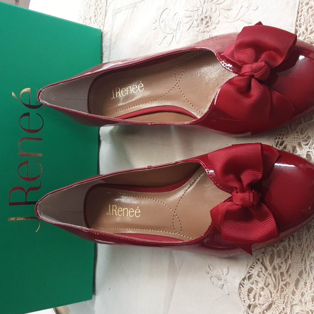 J. Renee red patin leather shoes flats 1 1/4" heel slip on. Shoes